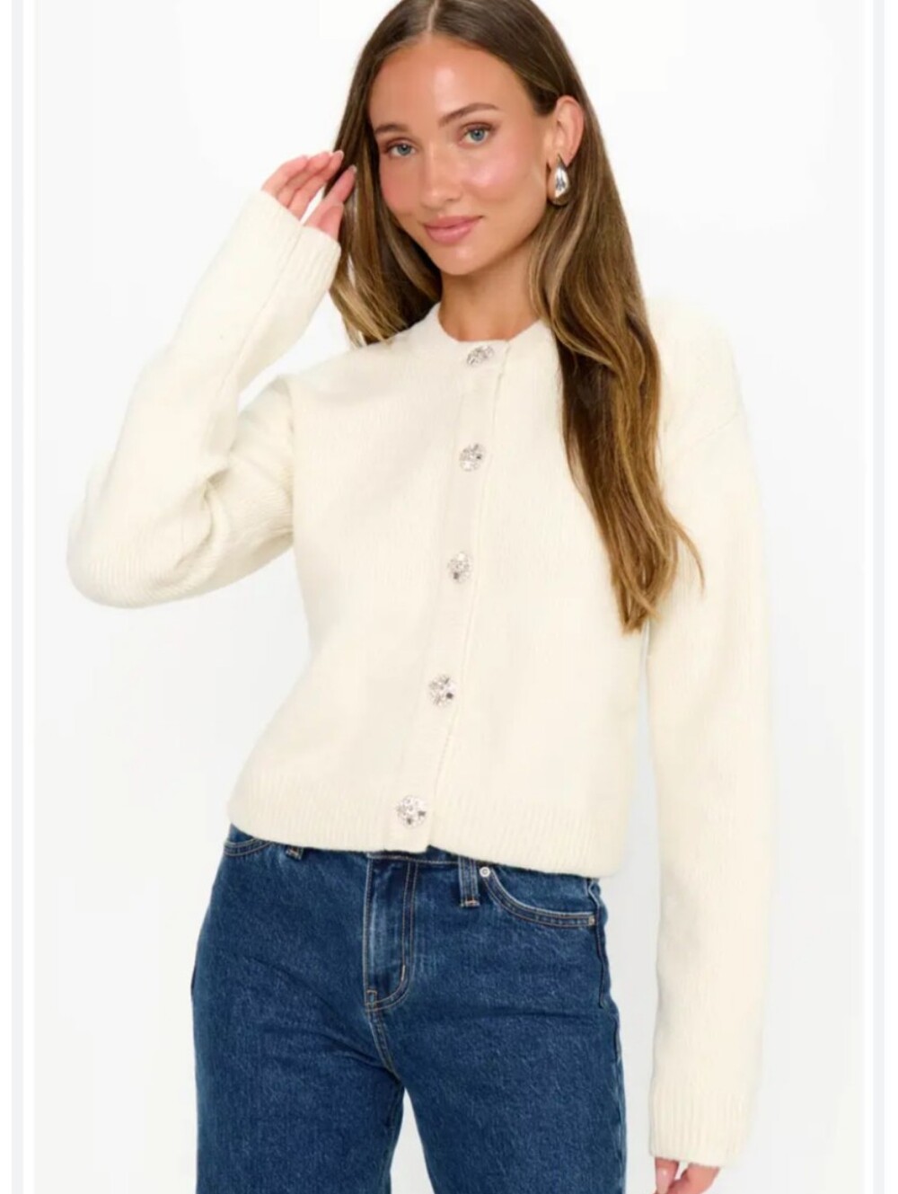 Ryegrass Cream Button-Front Women’s Cardigan Sweater With Embellished Button XXL